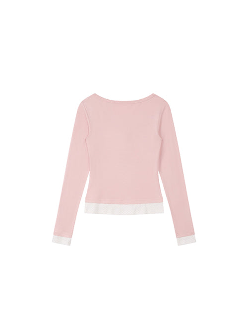 Small Cherry Layered V-Neck Long Sleeves [Pink]