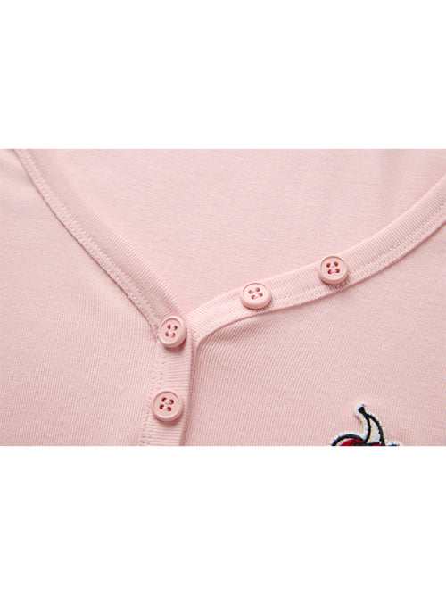 Small Cherry Layered V-Neck Long Sleeves [Pink]