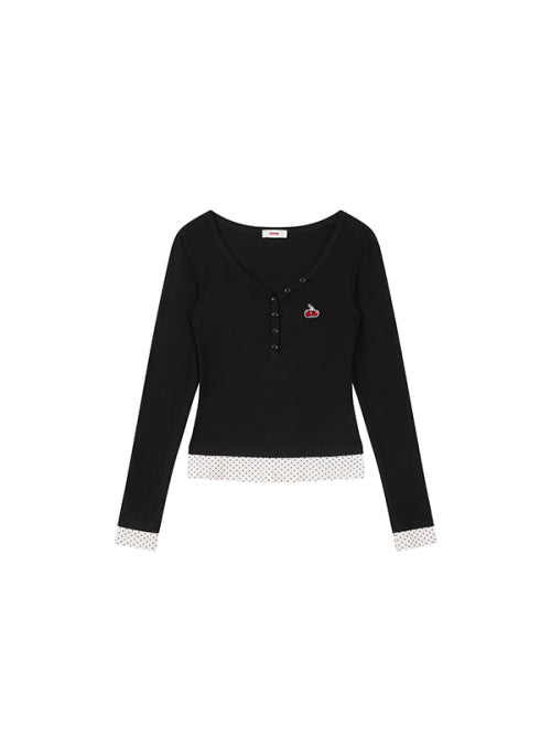 Small Cherry Layered V-Neck Long Sleeves [Black]