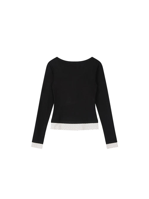 Small Cherry Layered V-Neck Long Sleeves [Black]