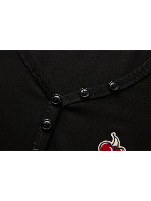 Small Cherry Layered V-Neck Long Sleeves [Black]