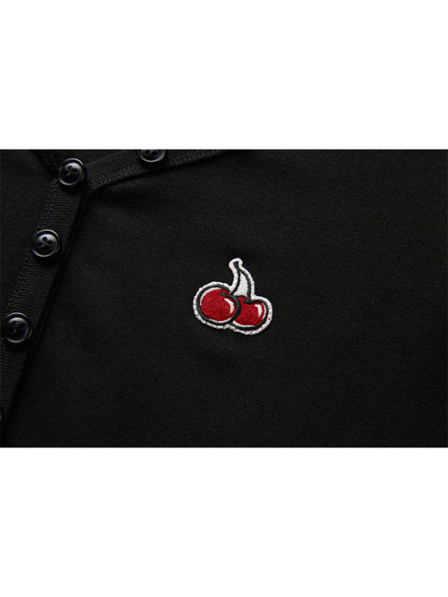 Small Cherry Layered V-Neck Long Sleeves [Black]
