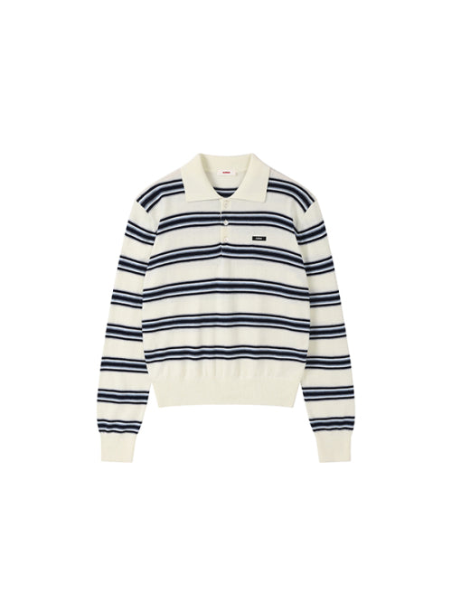Stripe collar knit top [Ivory]