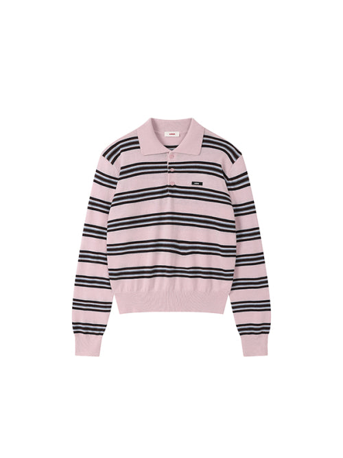 Stripe collar knit top [Pink]