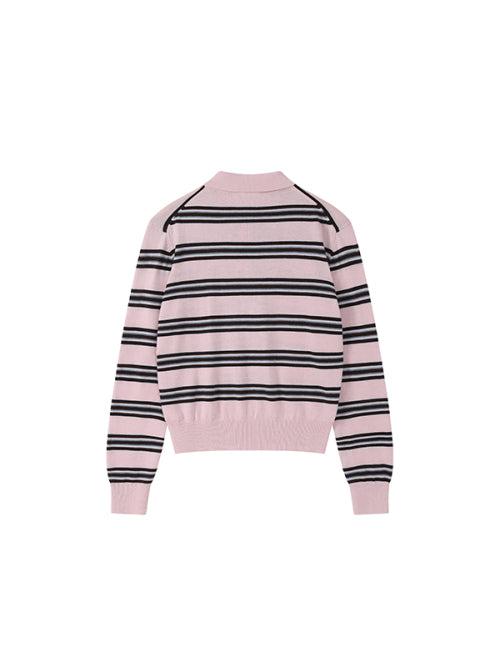 Stripe collar knit top [Pink]
