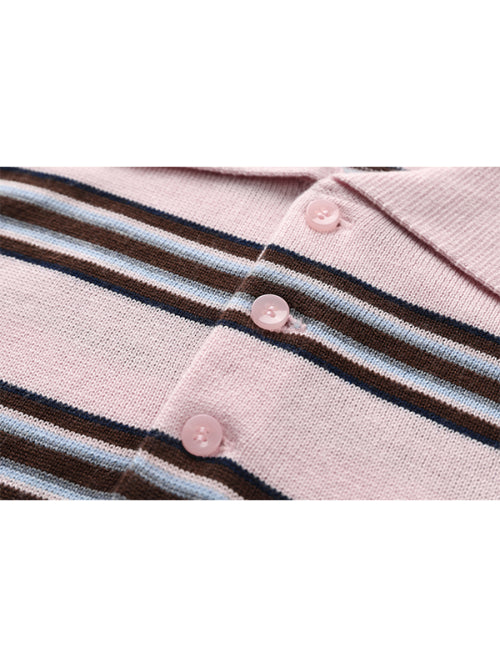 Stripe collar knit top [Pink]