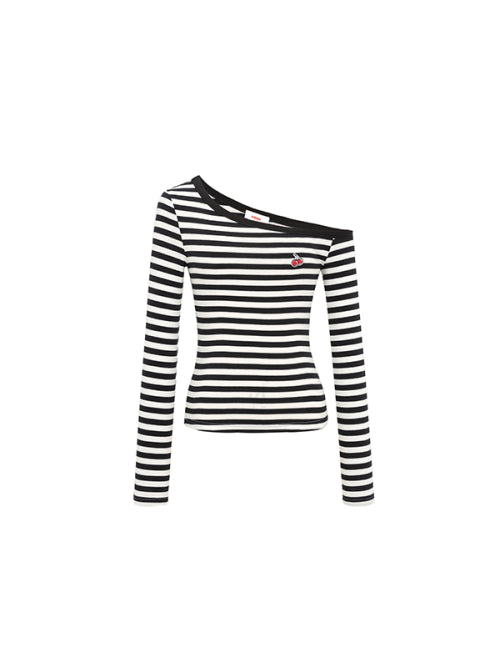 Small Cherry One Shoulder Stripe Long Sleeve [Black]