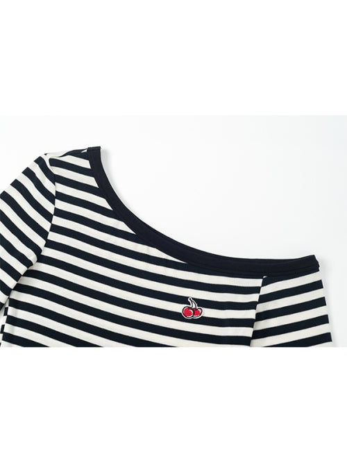 Small Cherry One Shoulder Stripe Long Sleeve [Black]