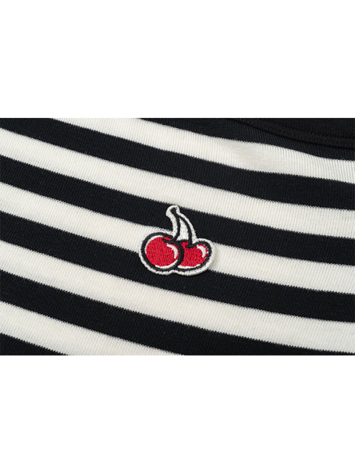 Small Cherry One Shoulder Stripe Long Sleeve [Black]