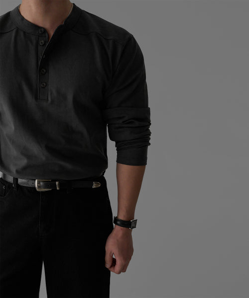 PANEL HENLEY NECK LONG SLEEVE T-SHIRT [CHARCOAL]