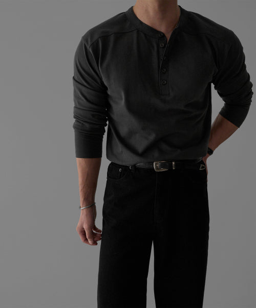 PANEL HENLEY NECK LONG SLEEVE T-SHIRT [CHARCOAL]