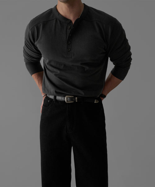 PANEL HENLEY NECK LONG SLEEVE T-SHIRT [CHARCOAL]