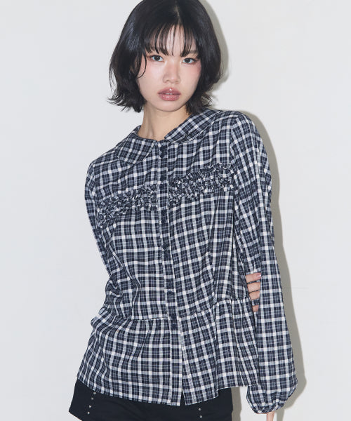 RUFFLE ROUND SHIRT CHECK CREAM