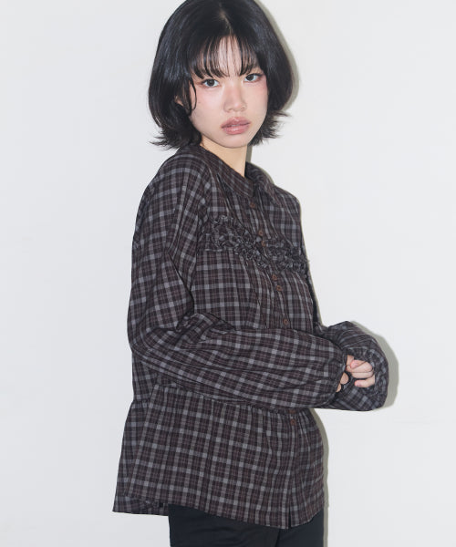 RUFFLE ROUND SHIRT CHECK BURGUNDY