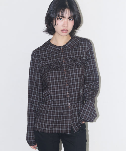 RUFFLE ROUND SHIRT CHECK BURGUNDY