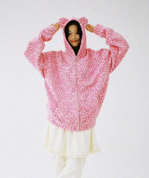 Teddy Leopard Zip-Up Hoodie – PINK