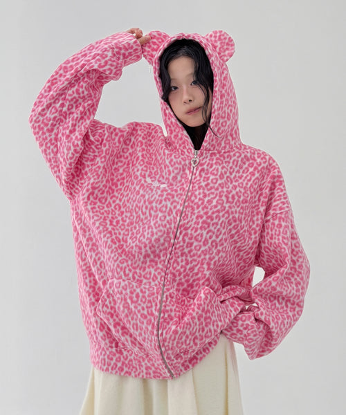 Teddy Leopard Zip-Up Hoodie – PINK