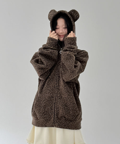 Teddy Leopard Zip-Up Hoodie – BROWN