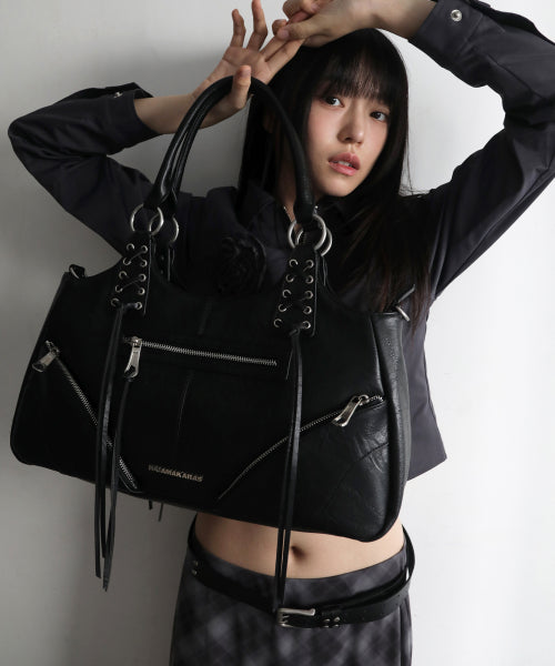 Eyelet Leather Fringe Bag (Black)