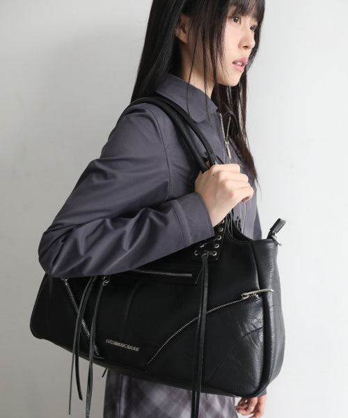 Eyelet Leather Fringe Bag (Black)