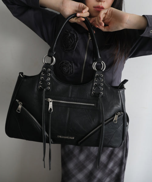 Eyelet Leather Fringe Bag (Black)