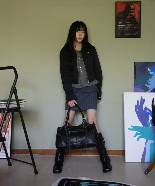 Eyelet Leather Fringe Bag (Black)