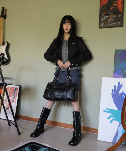 Eyelet Leather Fringe Bag (Black)