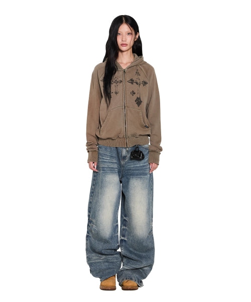 Pigment Dyed Cross Zip-Up Hoodie (Brown)