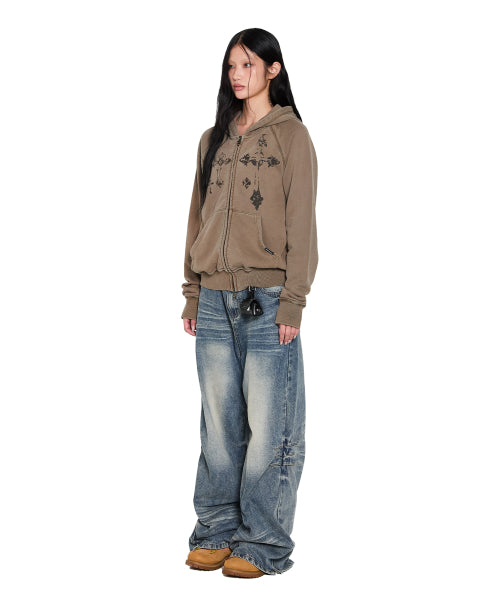 Pigment Dyed Cross Zip-Up Hoodie (Brown)