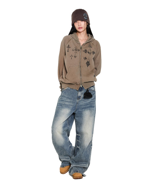 Pigment Dyed Cross Zip-Up Hoodie (Brown)