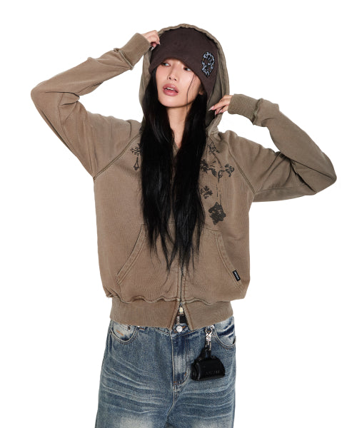 Pigment Dyed Cross Zip-Up Hoodie (Brown)
