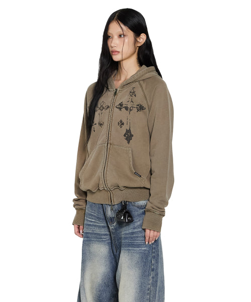 Pigment Dyed Cross Zip-Up Hoodie (Brown)