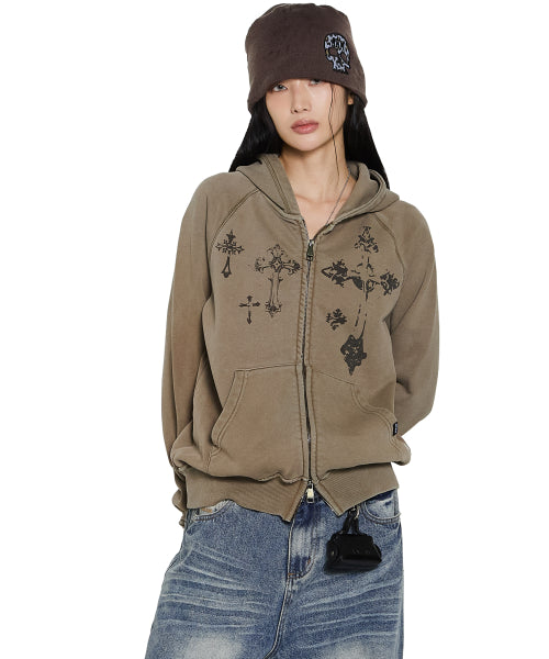 Pigment Dyed Cross Zip-Up Hoodie (Brown)
