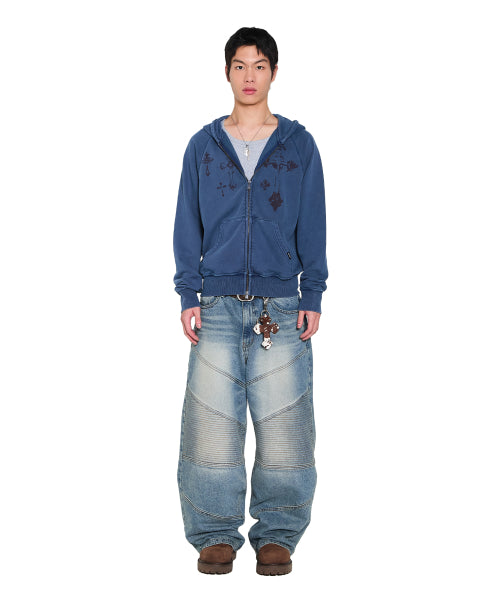 Pigment Dyed Cross Zip-Up Hoodie (Blue)