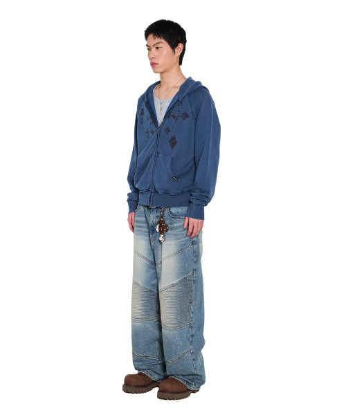 Pigment Dyed Cross Zip-Up Hoodie (Blue)