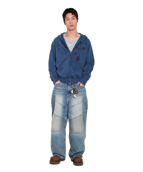 Pigment Dyed Cross Zip-Up Hoodie (Blue)