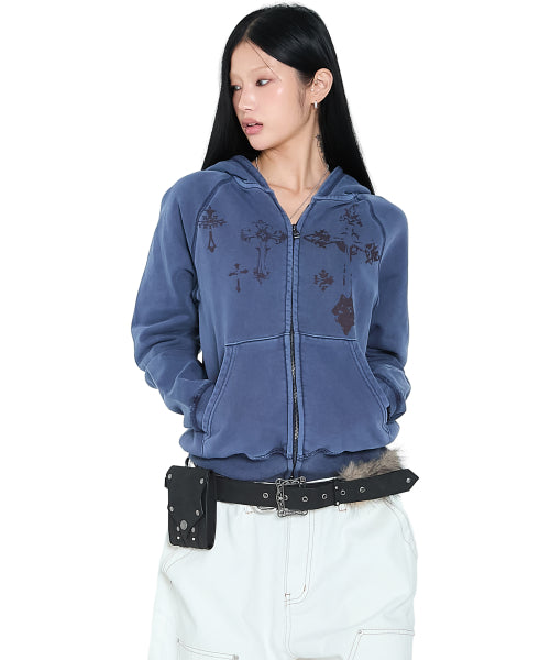 Pigment Dyed Cross Zip-Up Hoodie (Blue)