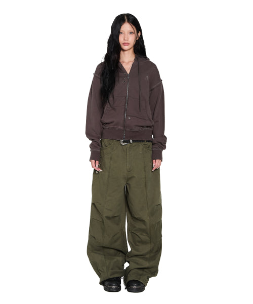Eyelet Damaged Zip-Up Hoodie (Brown)