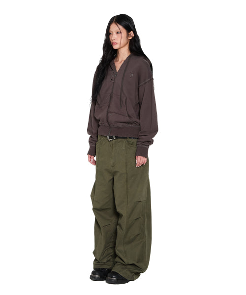 Eyelet Damaged Zip-Up Hoodie (Brown)