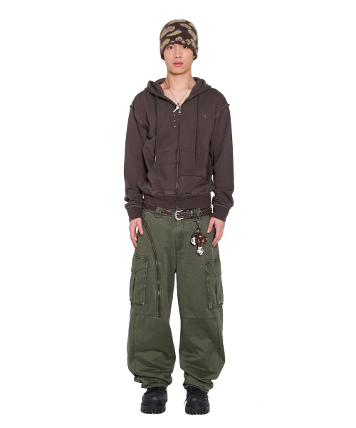 Eyelet Damaged Zip-Up Hoodie (Brown)