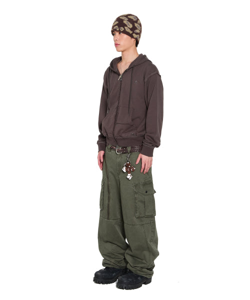 Eyelet Damaged Zip-Up Hoodie (Brown)