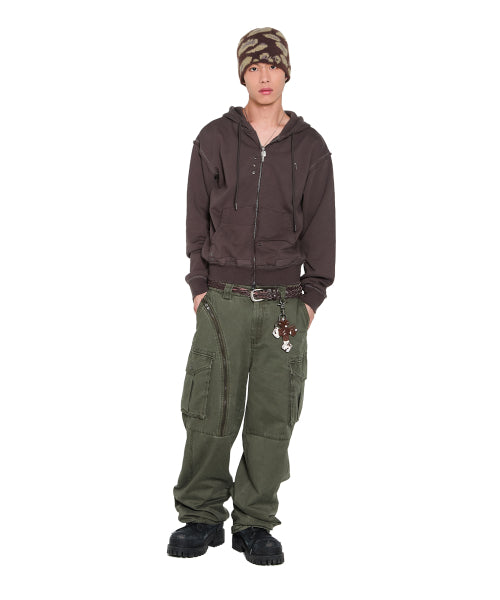 Eyelet Damaged Zip-Up Hoodie (Brown)