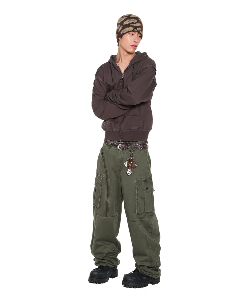Eyelet Damaged Zip-Up Hoodie (Brown)