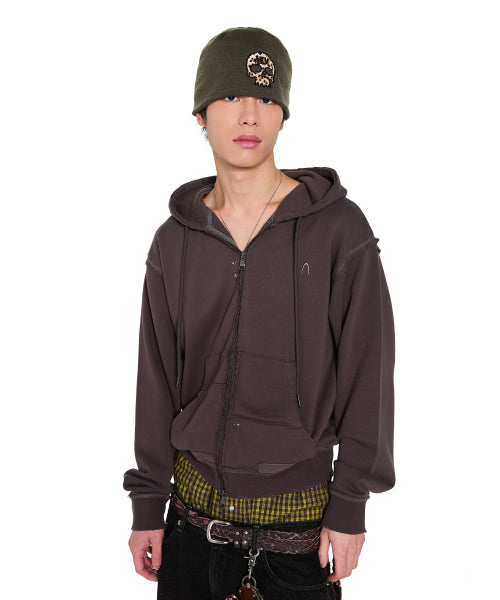 Eyelet Damaged Zip-Up Hoodie (Brown)