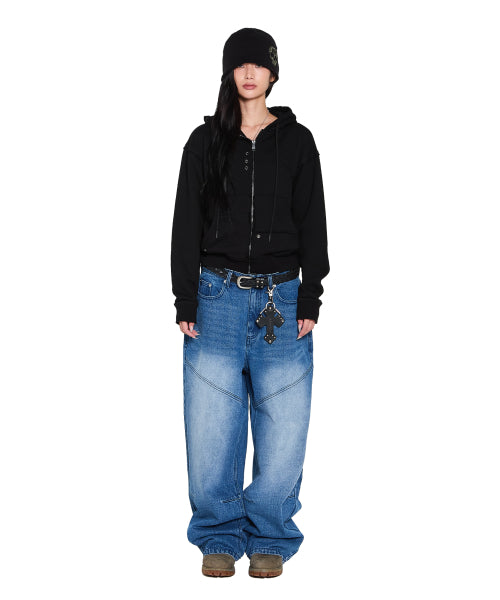 Eyelet Damaged Zip-Up Hoodie (Black)