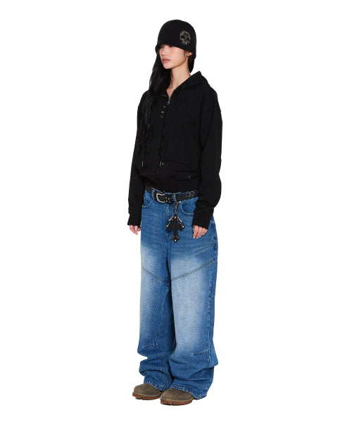 Eyelet Damaged Zip-Up Hoodie (Black)