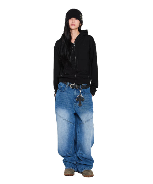 Eyelet Damaged Zip-Up Hoodie (Black)