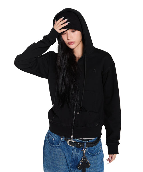 Eyelet Damaged Zip-Up Hoodie (Black)