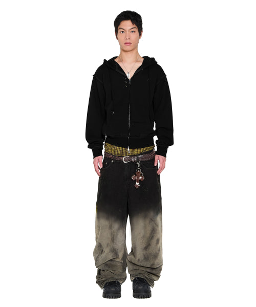 Eyelet Damaged Zip-Up Hoodie (Black)