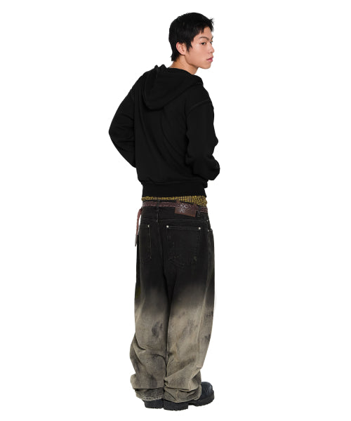 Eyelet Damaged Zip-Up Hoodie (Black)